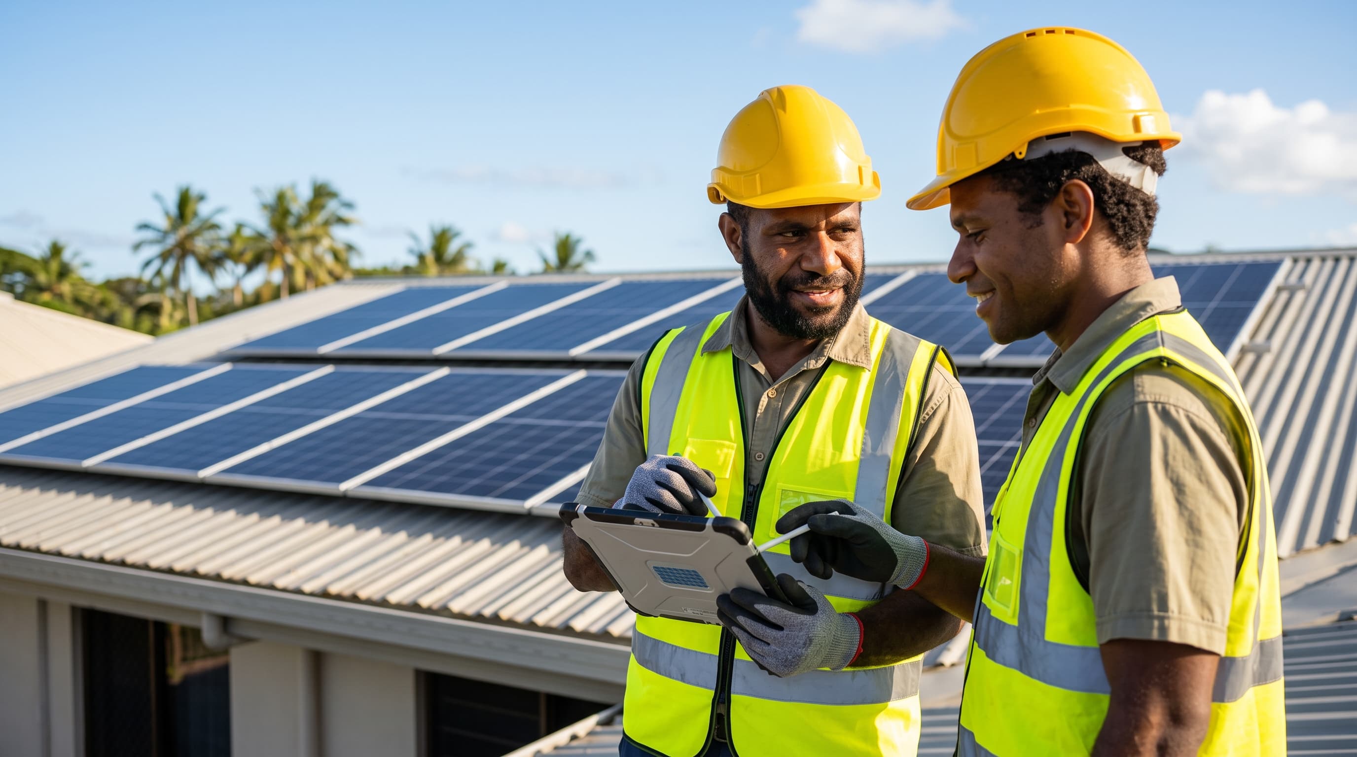 Solar engineers reviewing schematics on site in PNG